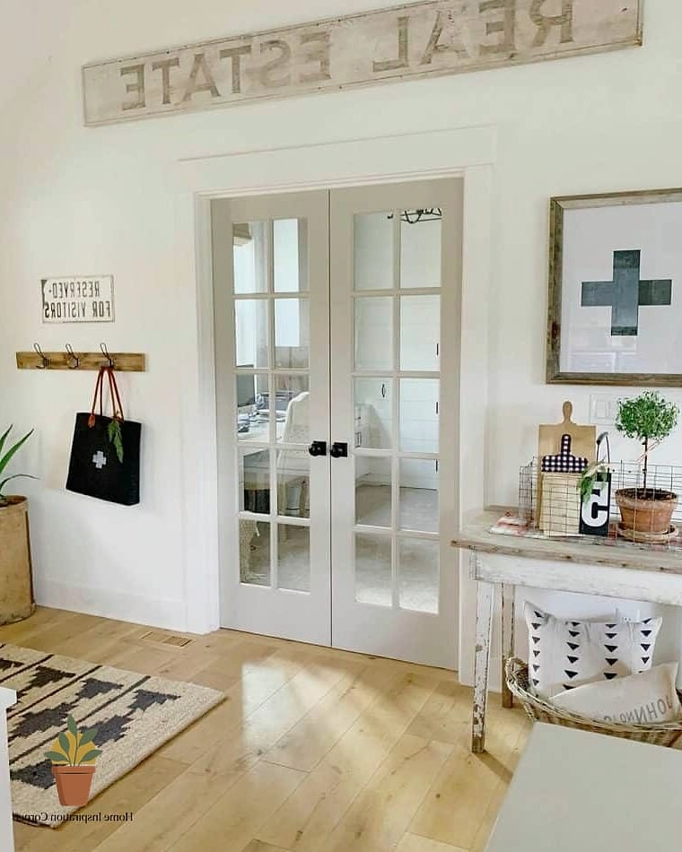 Rustic Wood French Doors with a Stone Patio