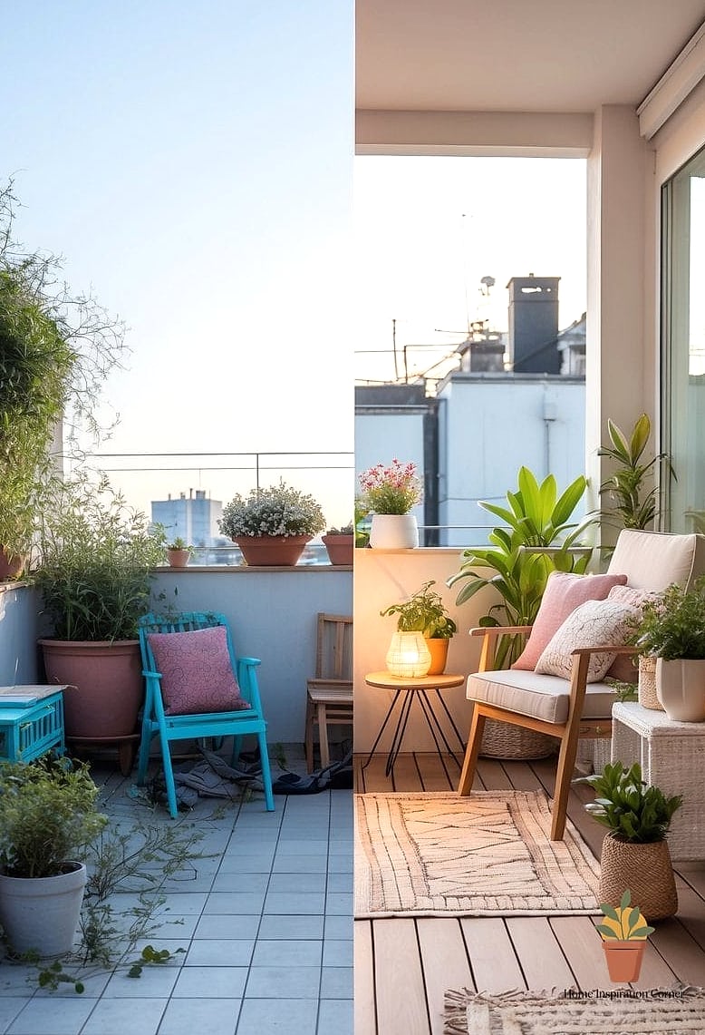 22 Terrace Decoration Before and After Transformations to Inspire 3 Rusty Furniture Swapped for Woven Bistro Sets