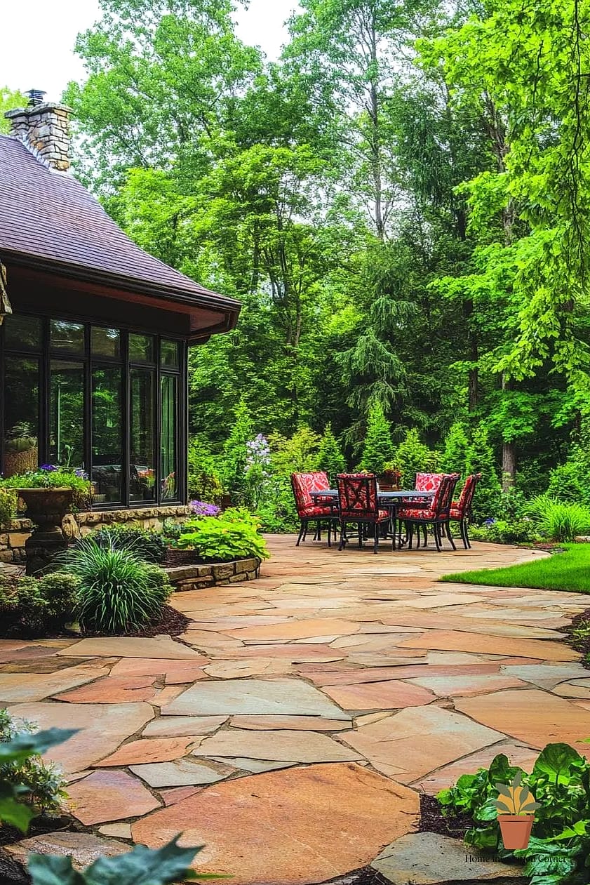Shaded Backyard Nook Brightened with Light-Toned Stone