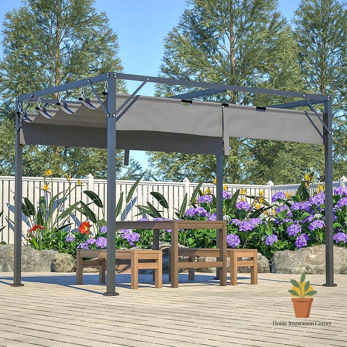 A Shaded Pergola With a Louvered Roof