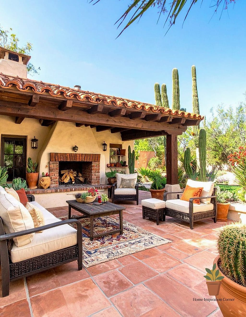 Southwestern Patio with Adobe-Style Fireplace