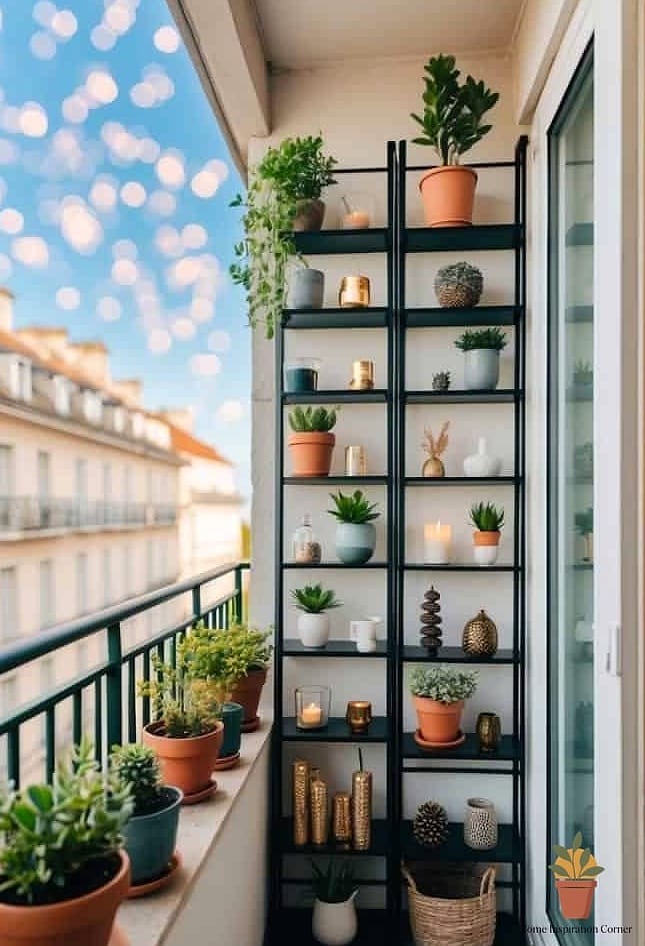 16 Narrow Balcony Ideas Designs That Maximize Style and Function 16 Stacked Shelving Plant Ladder