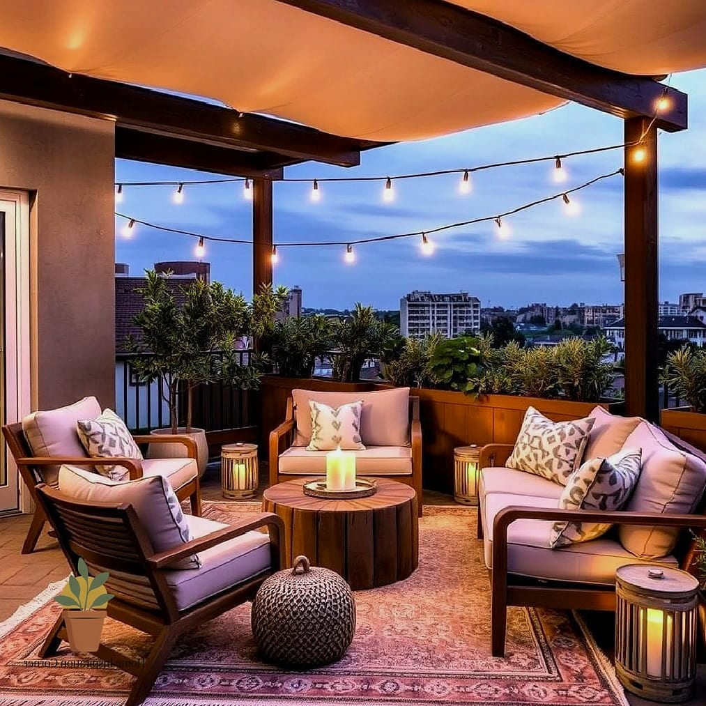 23 Cozy Terrace Ideas Ideas That Work in Any Size Home 17 A Statement Outdoor Rug in Bold Pattern