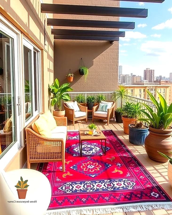 20 Balcony Poses Ideas That Will Transform Your Space 21 The Statement Rug and Umbrella Combo