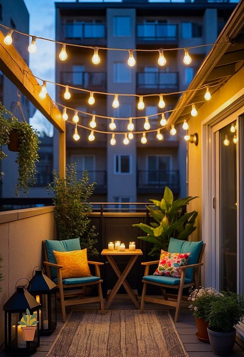 21 Apartment Patio Decorating Ideas Ideas That Work in Any Size Home 4 String Café Lights Along the Railing