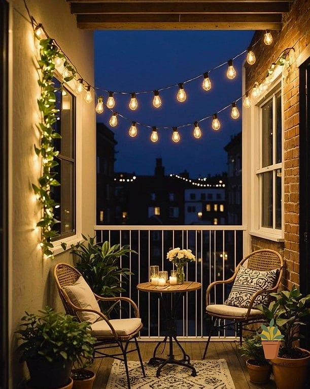 20 Cozy Balcony Aesthetic Concepts That Are Actually Achievable on a Budget 3 String Light Canopy