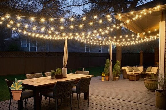 String Lights Woven Through a Pergola Lattice