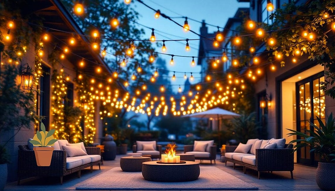 14 Outdoor Patio Lighting Ideas Tips From Top Interior Designers 2 String Lights Strung in Overlapping Rows