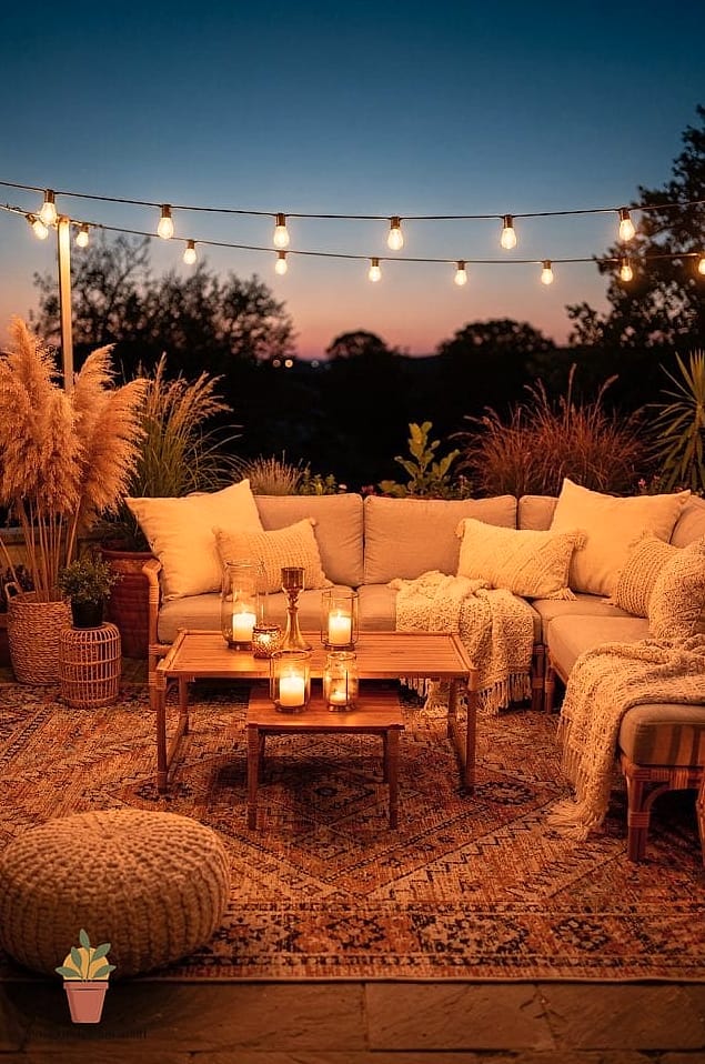 7 Boho Patio Ideas That Will Transform Your Space 5 String Lights and Lanterns for Layered Lighting