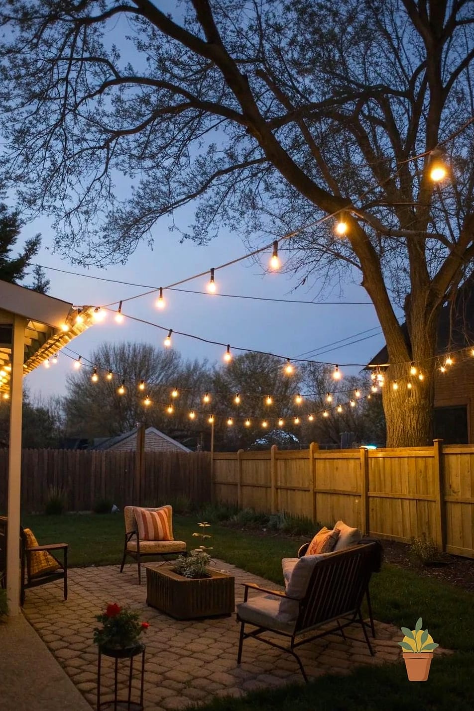 String Lights Layered with Lanterns for Evening Ambiance