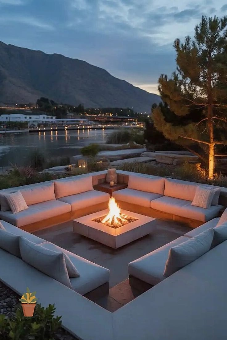 Sunken Fire Pit Lounge with Built-In Bench Seating