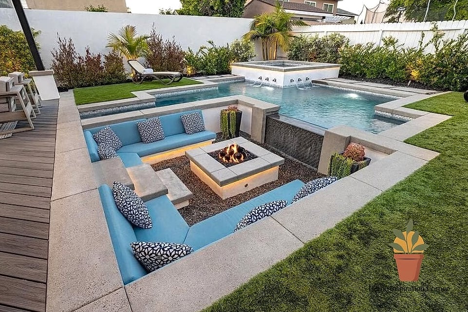 14 Backyard Pool And Patio Ideas Designs You Need to See Right Now 5 Sunken Fire Pit Lounge Near the Pool