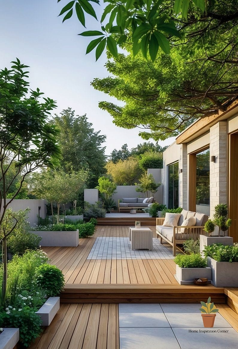 Terrace with Natural Wood and Stone Combination