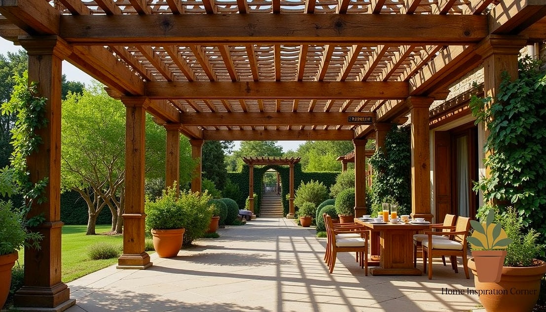 Terrace with a Wooden Pergola and Hanging Daybed