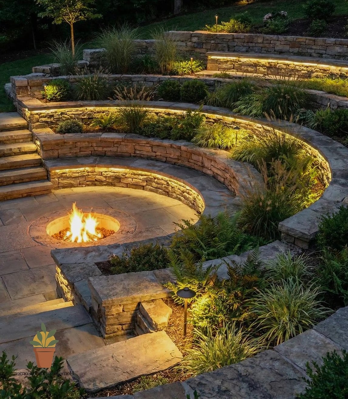 Tiered Stone Firepit with Landscaping Lighting