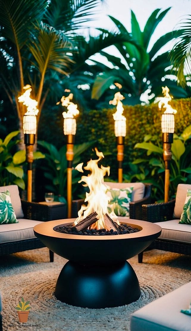 Tiki-Style Fire Pit with Tropical Landscaping
