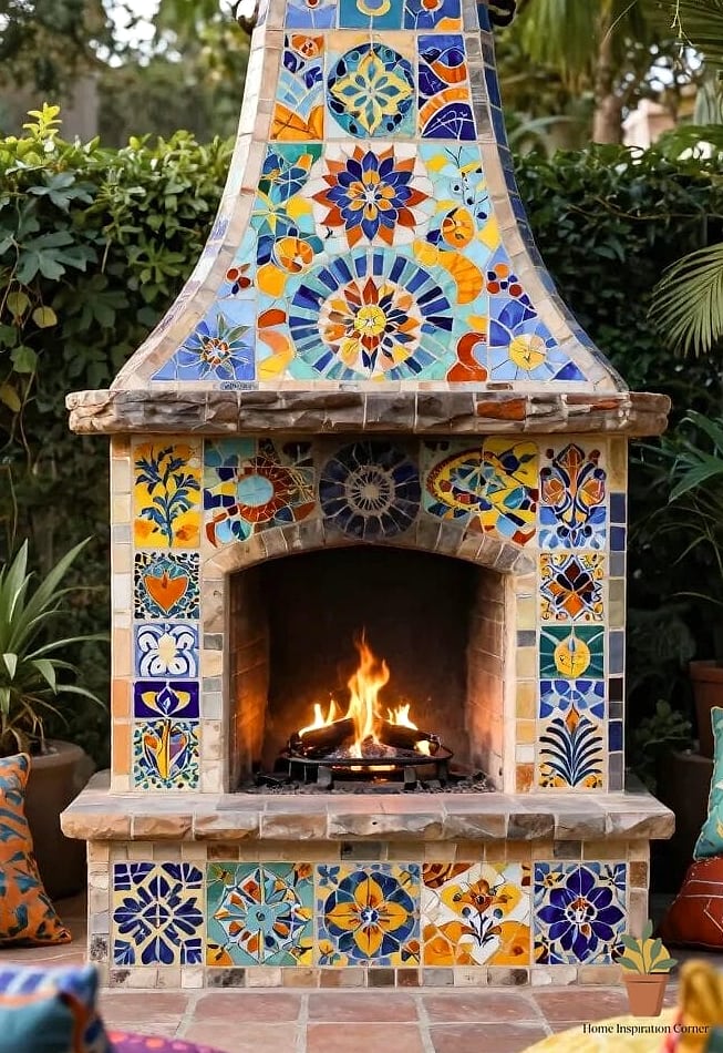 Tile-Accented Fireplace with a Mosaic Inlay