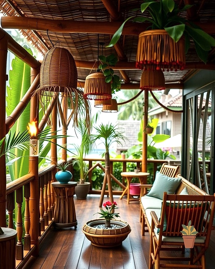 18 Outdoor Terrace Design Photos That Will Inspire Your Next Project 14 Tropical Terrace with Bold Foliage and Rattan