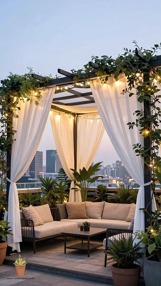 11 Penthouse Garden Rooftop Terrace Tips From Top Interior Designers 7 Use a Pergola or Shade Sail to Extend Usable Hours