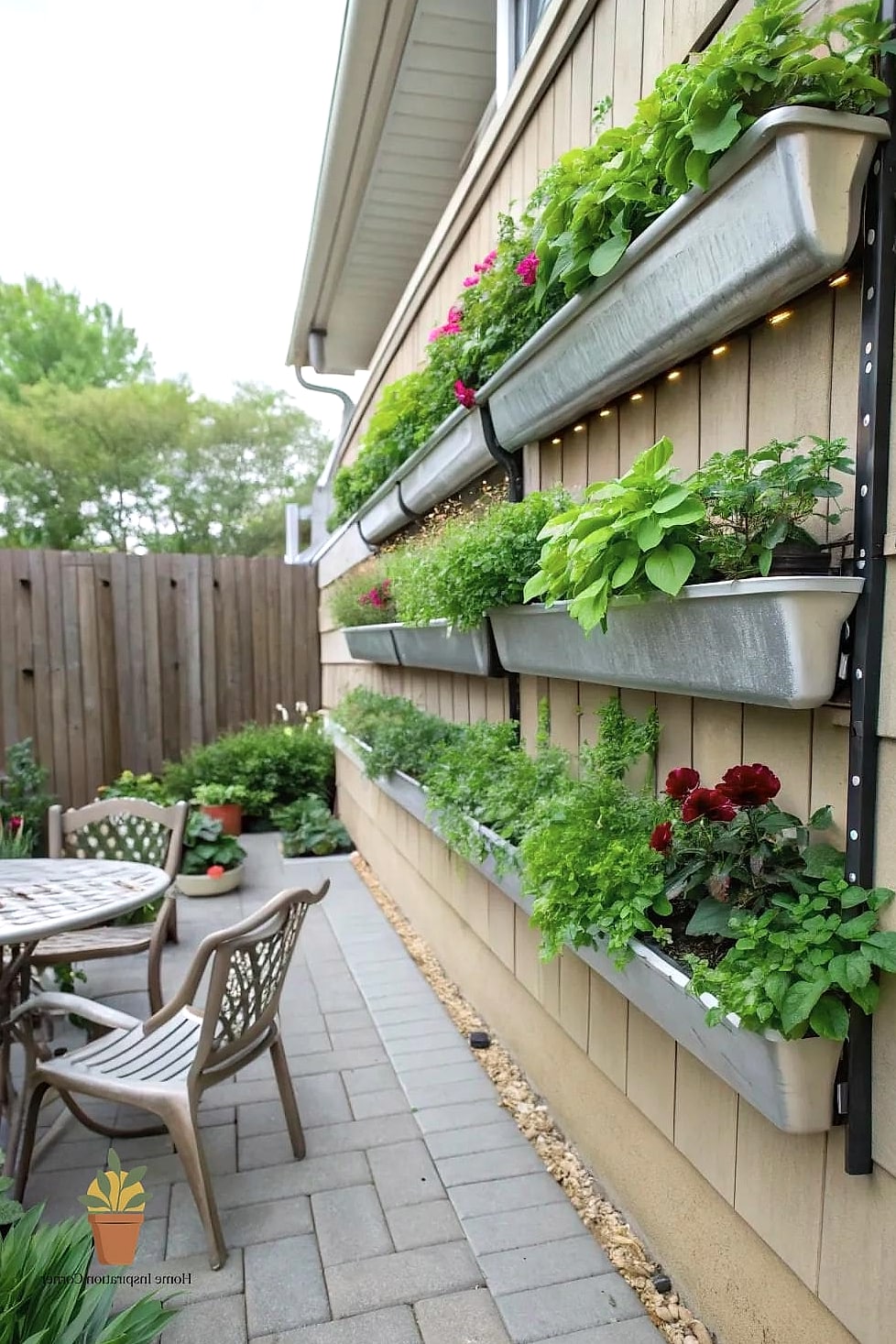 Vertical Gutter Planters Along a Fence Line