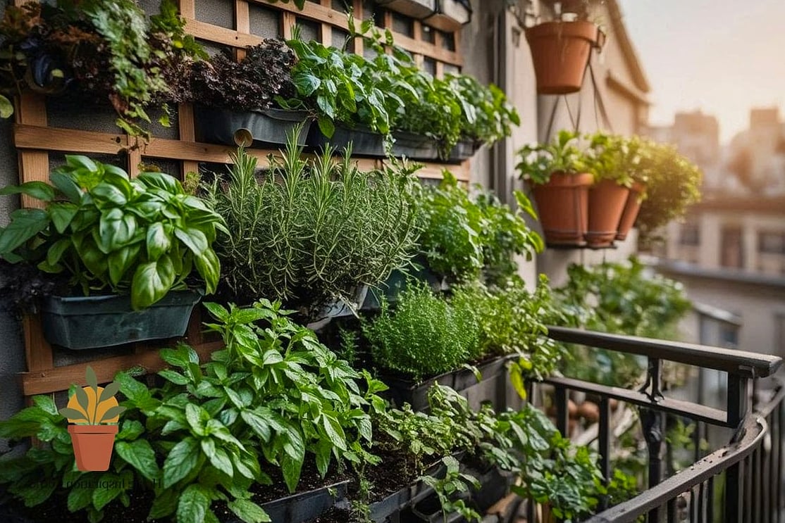 Vertical Herb Garden Against the Wall