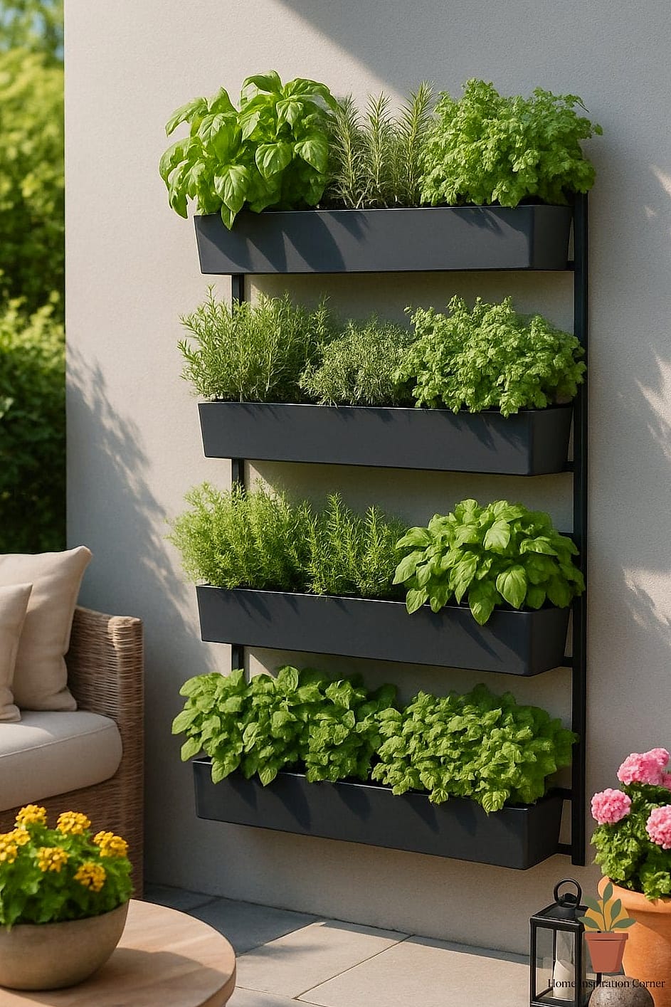 A Vertical Herb Garden Along One Wall