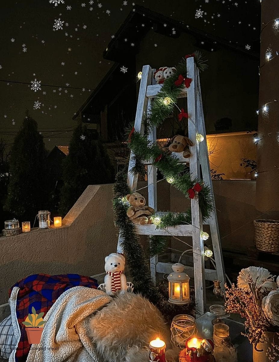 A Vertical Ladder Display with Ornaments and Greenery