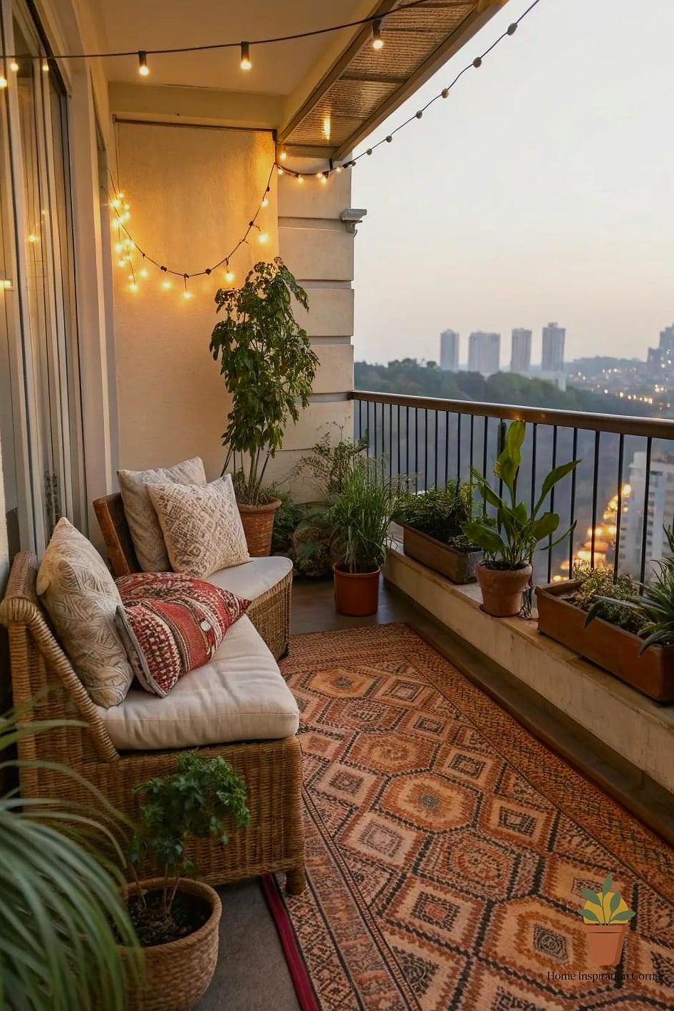 20 Cozy Balcony Aesthetic Concepts That Are Actually Achievable on a Budget 17 Vintage Rug and Lantern Pairing