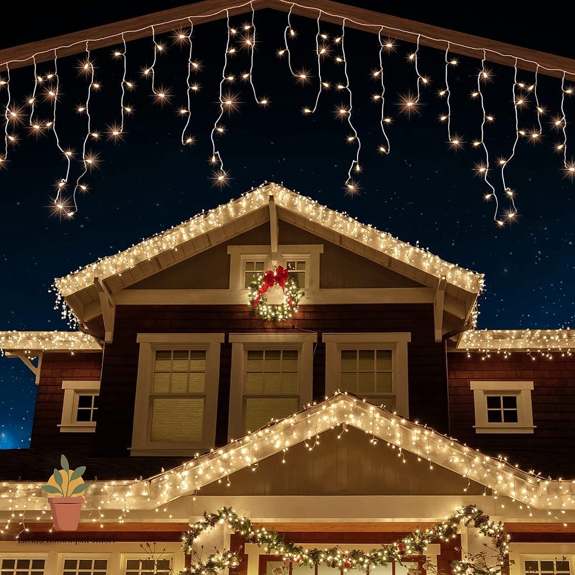 Warm White String Lights Along the Roofline