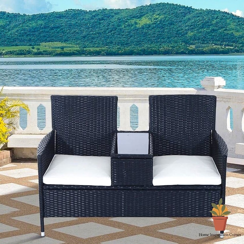 Wicker Loveseat with Striped Cushions
